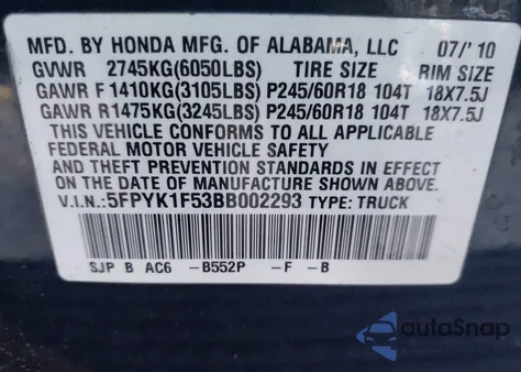 2011 Honda Ridgeline Rtl из США, поврежденный, VIN 5FPYK1F53BB002293